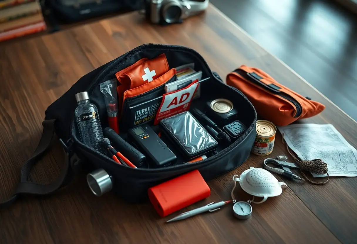 A neatly packed emergency kit bag on a table containing a first aid kit, canned food, flashlight, water bottle, map, mask, power bank, gloves, and other survival essentials.