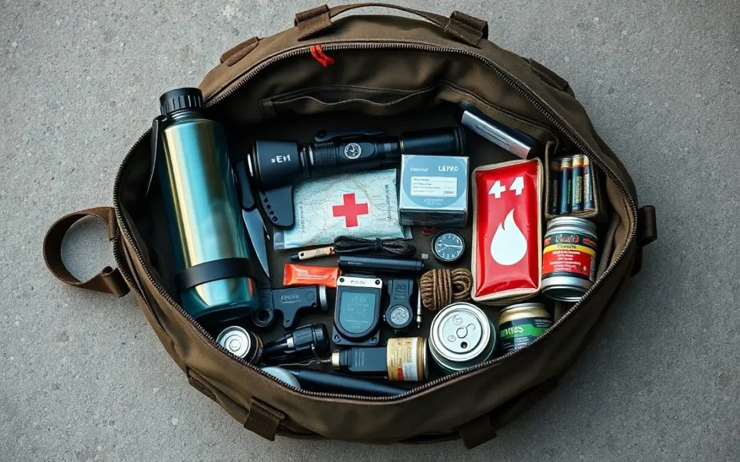 A packed brown duffel bag on concrete containing a water bottle, first aid kit, flashlight, batteries, canned food, rope, multitool, duct tape, and various survival supplies.