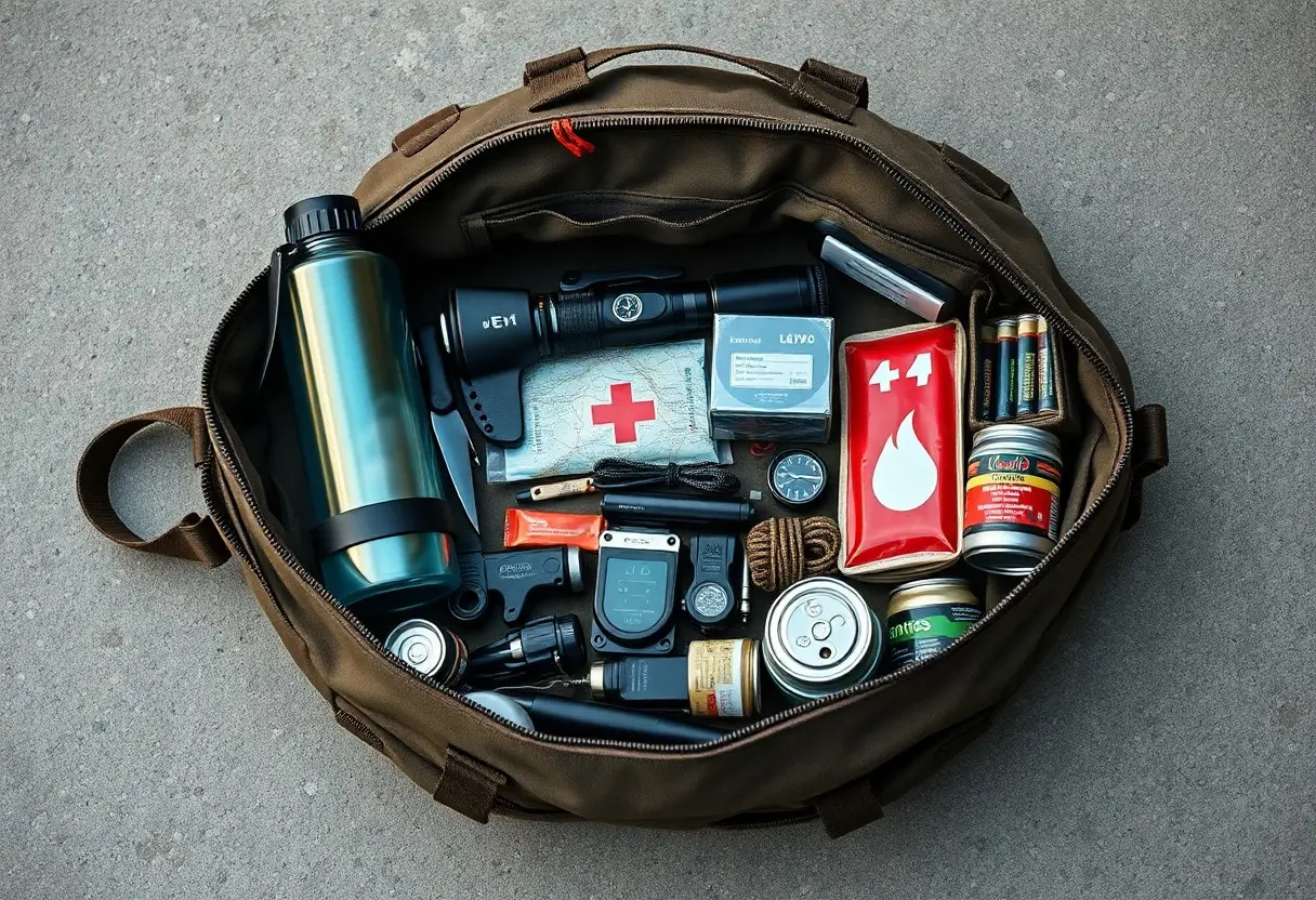 A packed brown duffel bag on concrete containing a water bottle, first aid kit, flashlight, batteries, canned food, rope, multitool, duct tape, and various survival supplies.