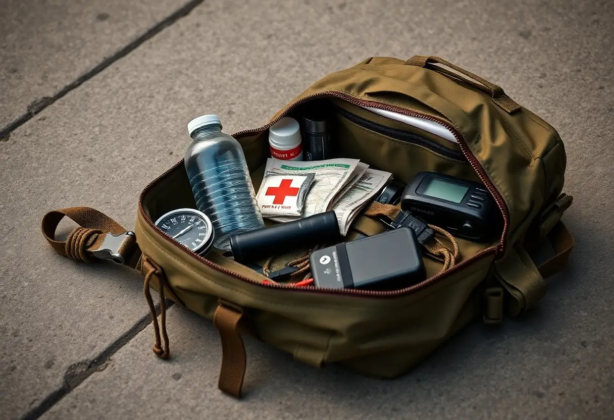A brown backpack on pavement contains a water bottle, first aid kit, compass, flashlight, batteries, radio, and medical supplies.