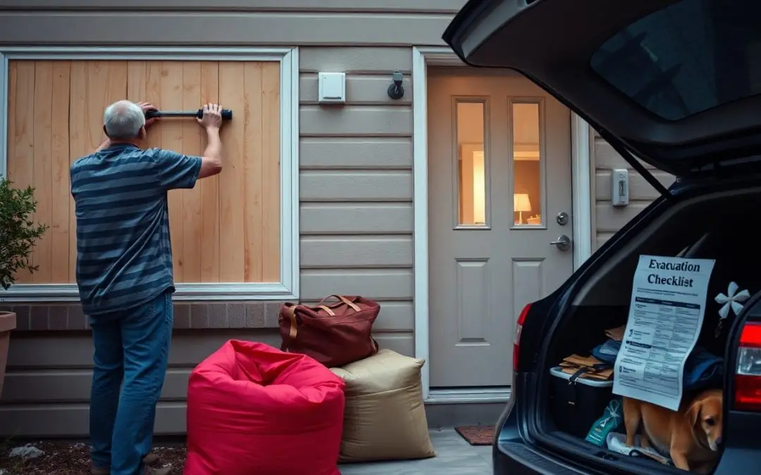 An older adult boards up a window outside a house, with evacuation supplies, bags, and an evacuation checklist visible in an open car trunk nearby.