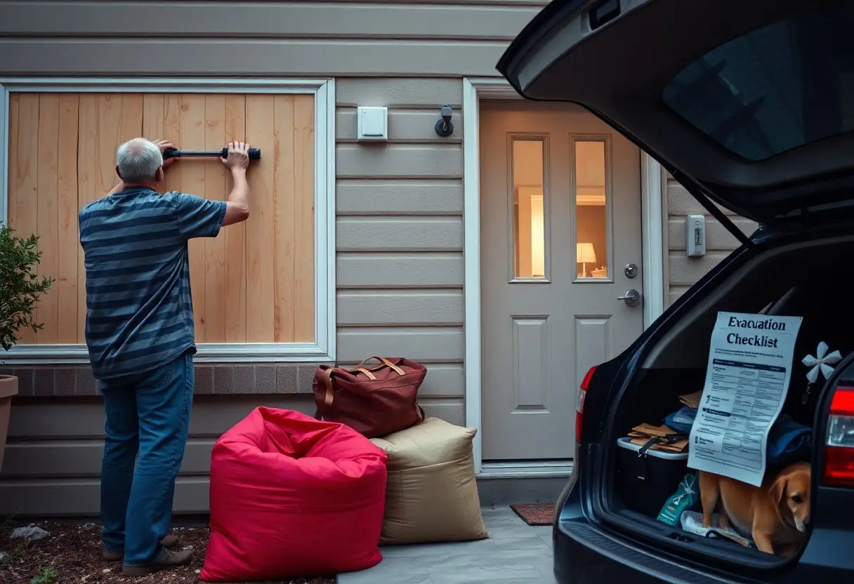 An older adult boards up a window outside a house, with evacuation supplies, bags, and an evacuation checklist visible in an open car trunk nearby.