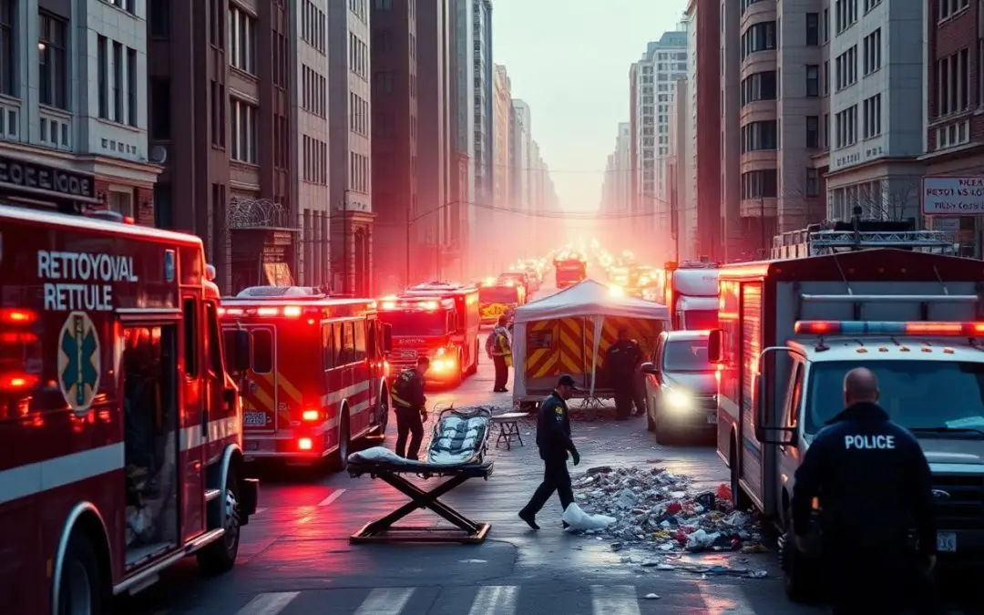 Emergency responders, ambulances, and police vehicles line a city street at dawn, with a stretcher and scattered debris visible in the foreground.