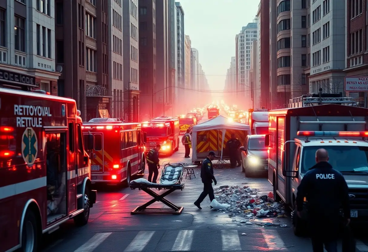 Emergency responders, ambulances, and police vehicles line a city street at dawn, with a stretcher and scattered debris visible in the foreground.