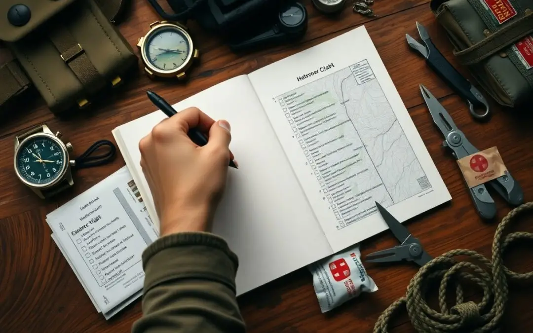 A person writes in an open notebook with a checklist and map, surrounded by survival gear including watches, compass, rope, multi-tool, and first aid items on a wooden table.
