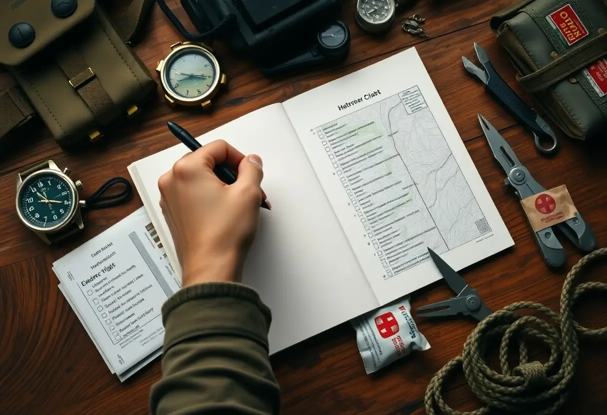 A person writes in an open notebook with a checklist and map, surrounded by survival gear including watches, compass, rope, multi-tool, and first aid items on a wooden table.