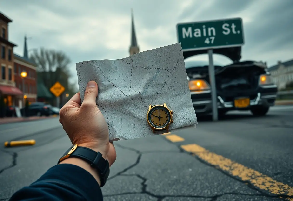 A person holds a map and a pocket watch in front of a car with an open trunk near a Main St. sign on a city street.
