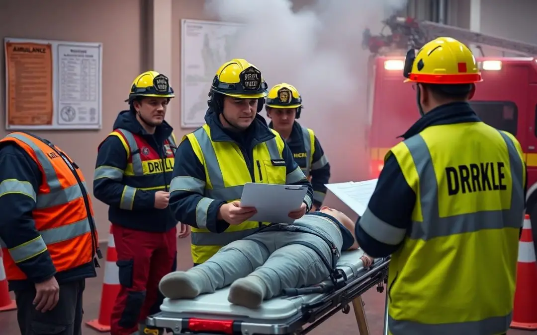 Emergency responders in safety gear stand around a patient on a stretcher, reviewing documents, with smoke and an ambulance visible in the background.