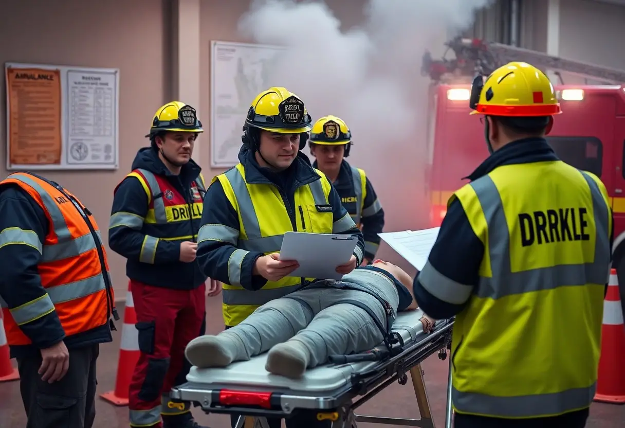 Emergency responders in safety gear stand around a patient on a stretcher, reviewing documents, with smoke and an ambulance visible in the background.
