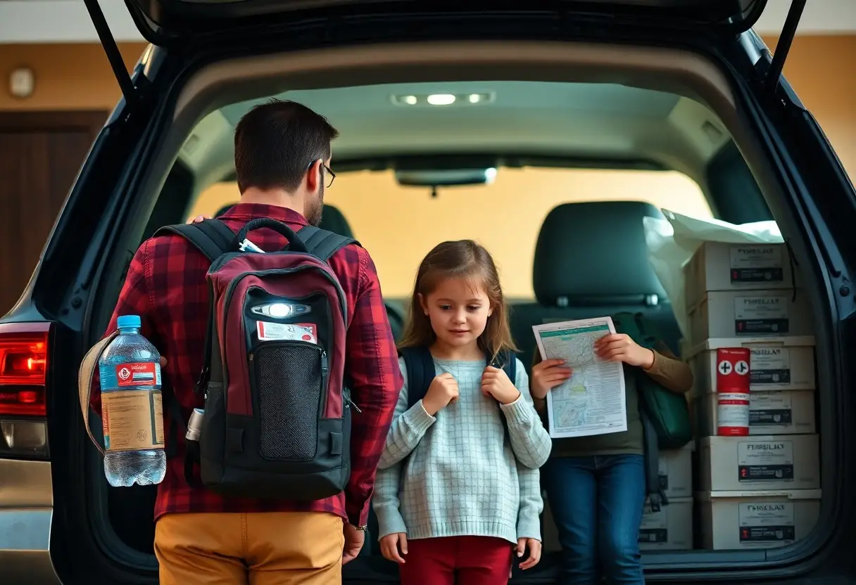 A man and two children stand at the open trunk of an SUV filled with supplies and boxes. One child holds a map, the other adjusts her backpack.