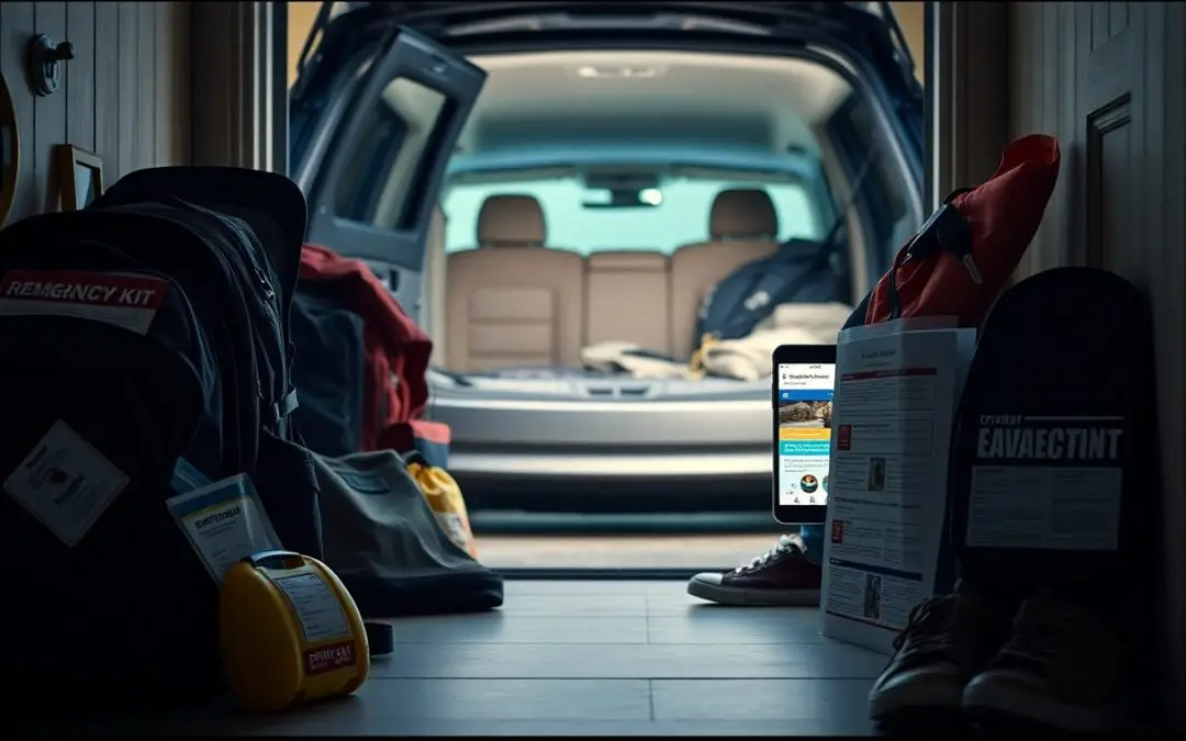 An open car trunk is packed with emergency supplies, backpacks, water, a first aid kit, a weather radio, and evacuation documents, ready for evacuation or travel.