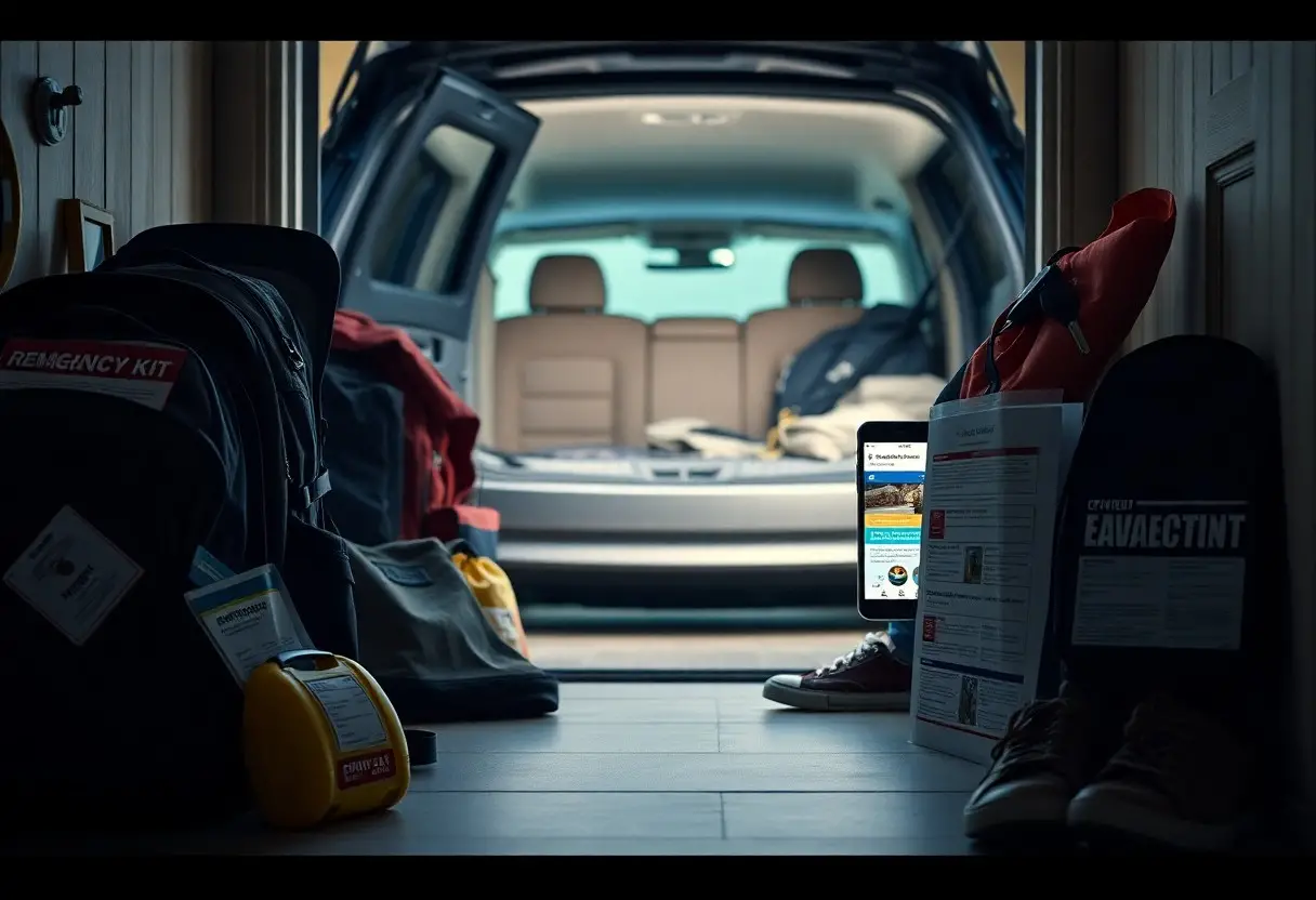An open car trunk is packed with emergency supplies, backpacks, water, a first aid kit, a weather radio, and evacuation documents, ready for evacuation or travel.