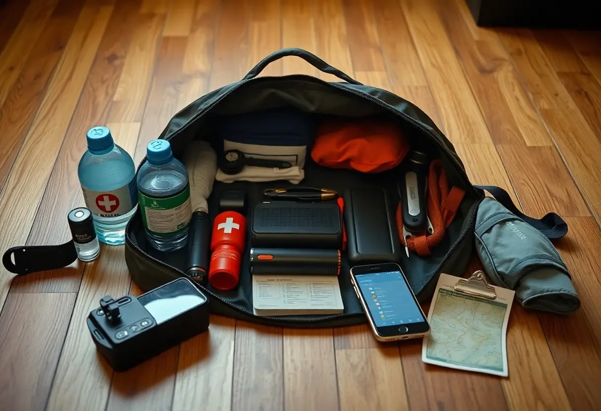 A packed emergency go-bag on a wooden floor containing water bottles, first aid kit, flashlight, power bank, multitool, phone, map, and other essential supplies.