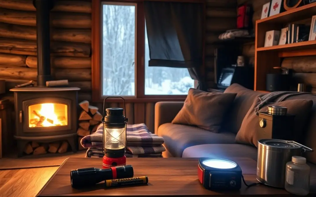 A cozy log cabin living room with a wood stove fire, sofa, lanterns, flashlight, and emergency supplies on a wooden table. Snowy woods are visible through the window.
