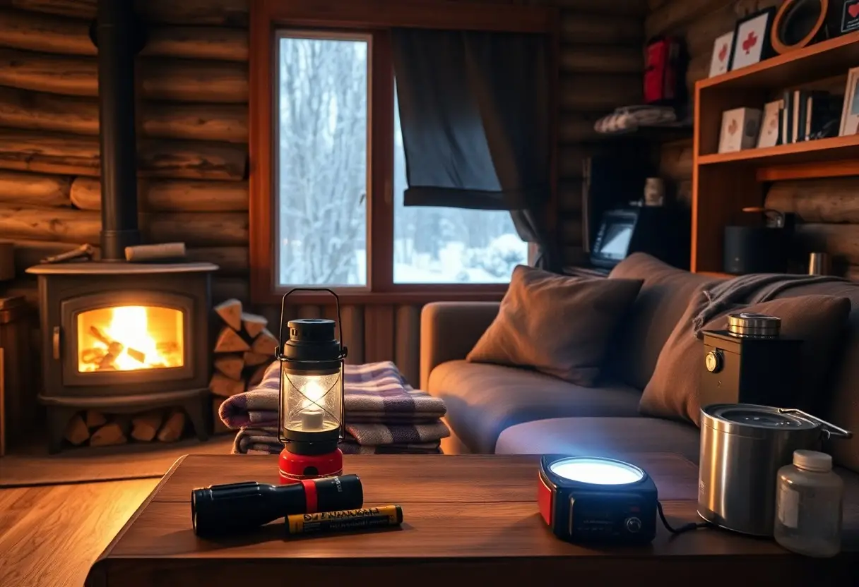 A cozy log cabin living room with a wood stove fire, sofa, lanterns, flashlight, and emergency supplies on a wooden table. Snowy woods are visible through the window.