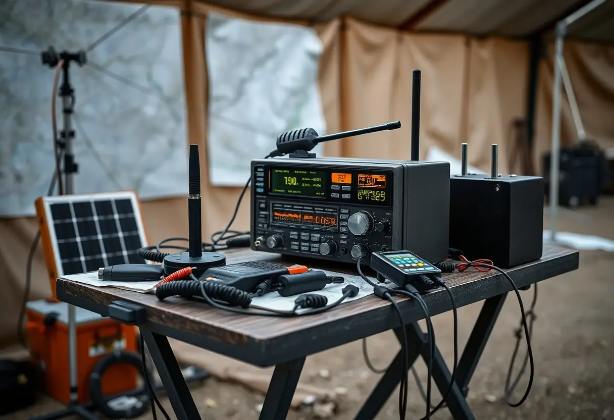 A table with radio communication equipment, antennas, a solar panel, cables, and a smartphone, set up inside a tent with maps on the walls.