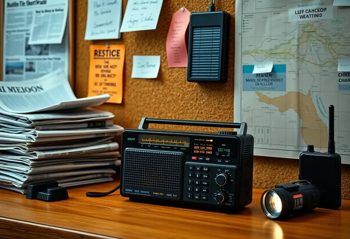 A tabletop with a shortwave radio, walkie-talkie, flashlight, and stacked newspapers in front of a corkboard with maps, notes, and news clippings.