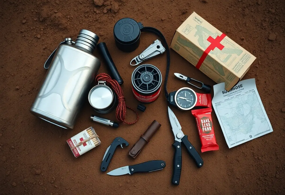 A collection of outdoor survival gear on brown soil, including a canteen, compass, rope, knives, matches, map, flashlight, whistle, first aid kit, and energy bars.