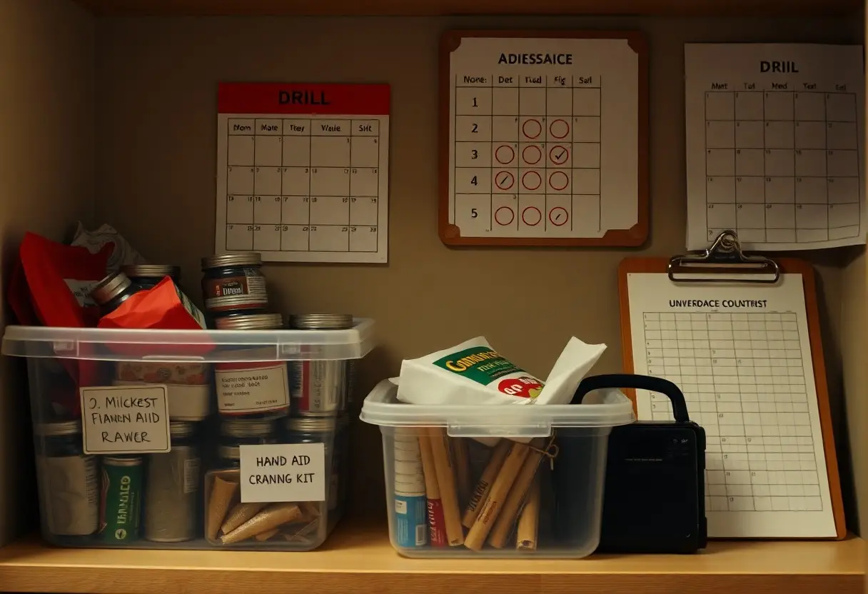A shelf with organized emergency supplies, labeled bins, canned food, a first aid kit, a radio, and checklists for drills and aid sessions displayed on the wall.
