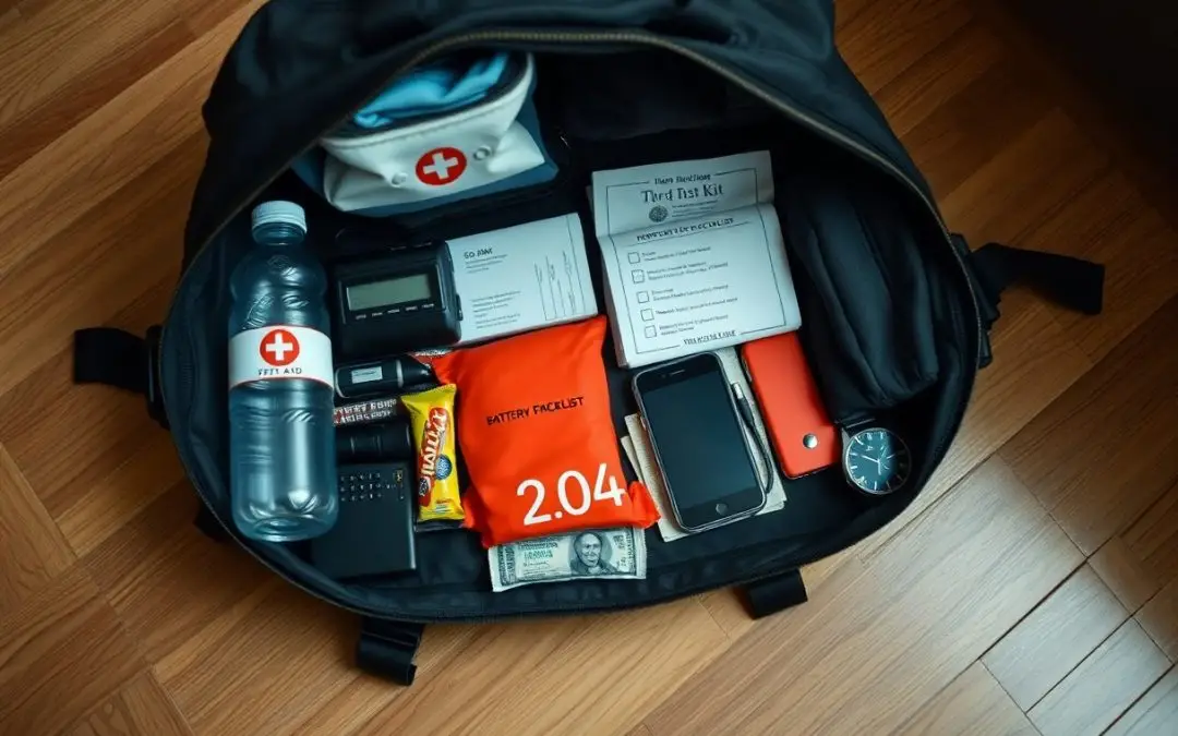 An open backpack containing a first aid kit, water bottle, emergency food, cash, phone, watch, flashlight, batteries, and documents on a wooden floor.