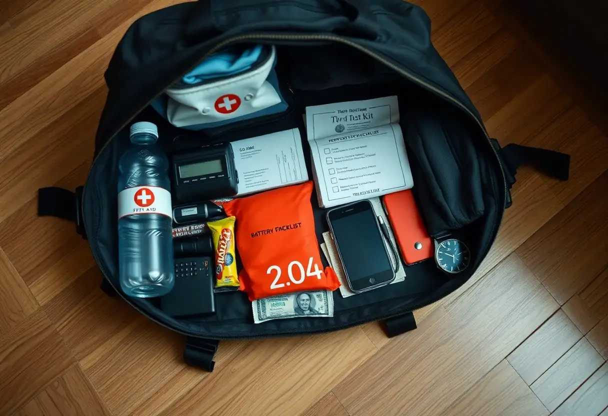 An open backpack containing a first aid kit, water bottle, emergency food, cash, phone, watch, flashlight, batteries, and documents on a wooden floor.
