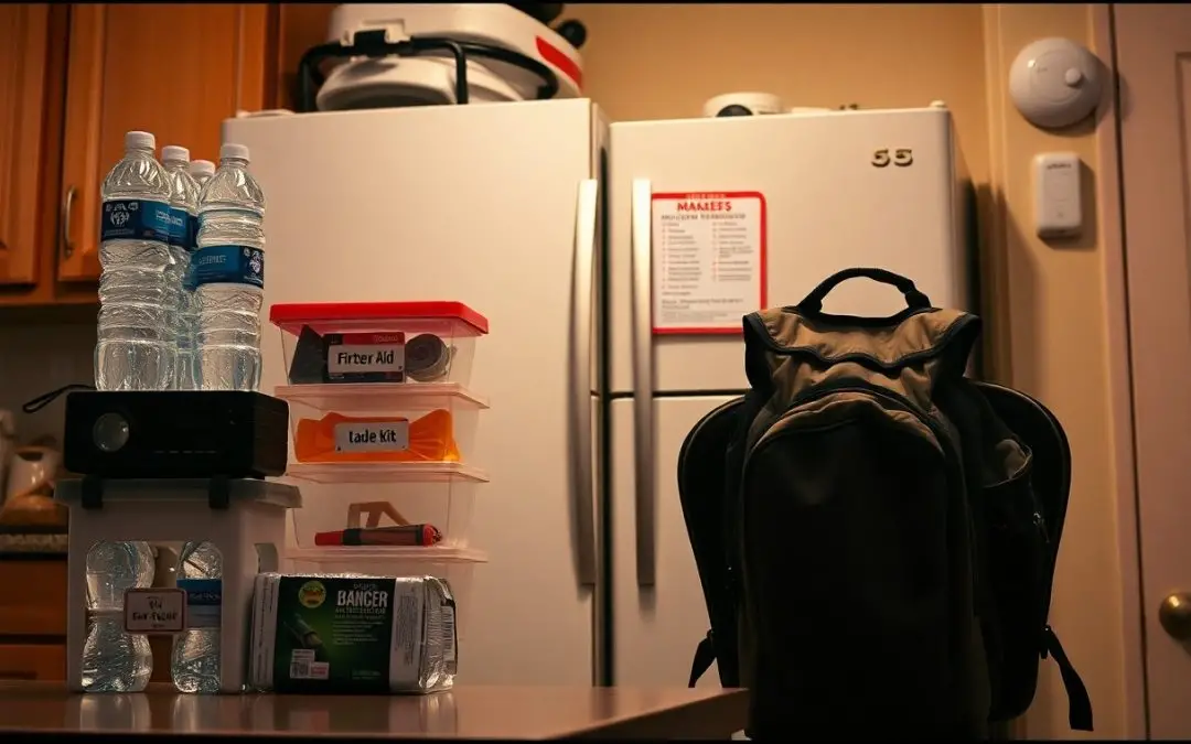 A kitchen counter with bottled water, stacked emergency kits, flashlight, radio, batteries, canned food, and a backpack in front of a white refrigerator and cabinets.