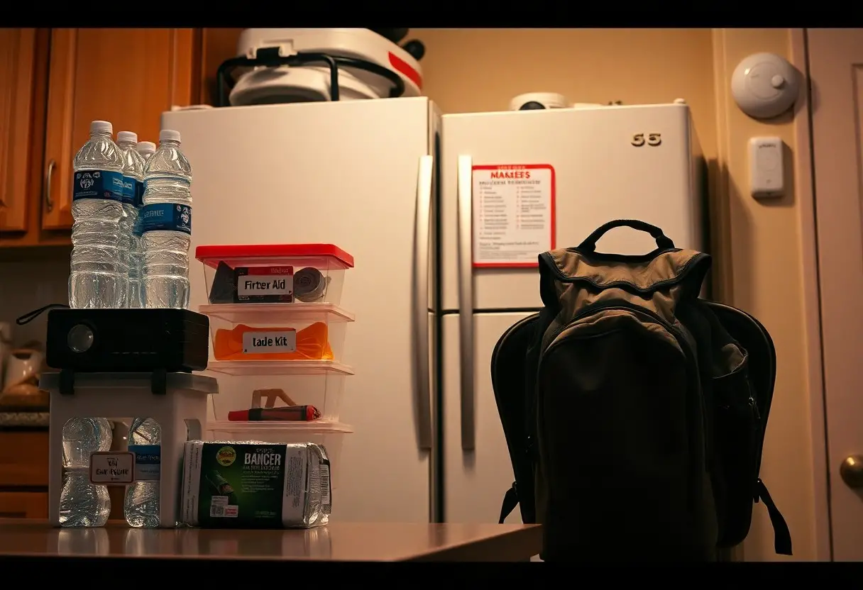 A kitchen counter with bottled water, stacked emergency kits, flashlight, radio, batteries, canned food, and a backpack in front of a white refrigerator and cabinets.