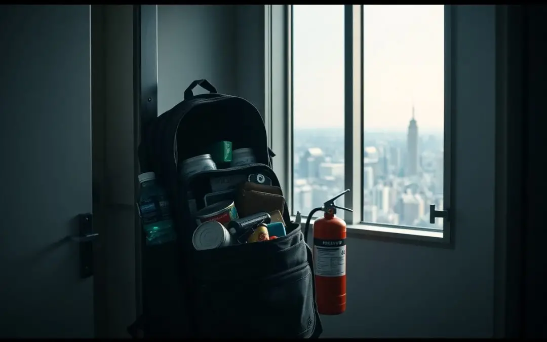 A loaded black backpack and a fire extinguisher rest near a window, with a city skyline and the Empire State Building visible in the background.