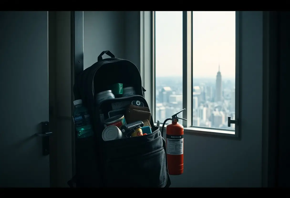 A loaded black backpack and a fire extinguisher rest near a window, with a city skyline and the Empire State Building visible in the background.
