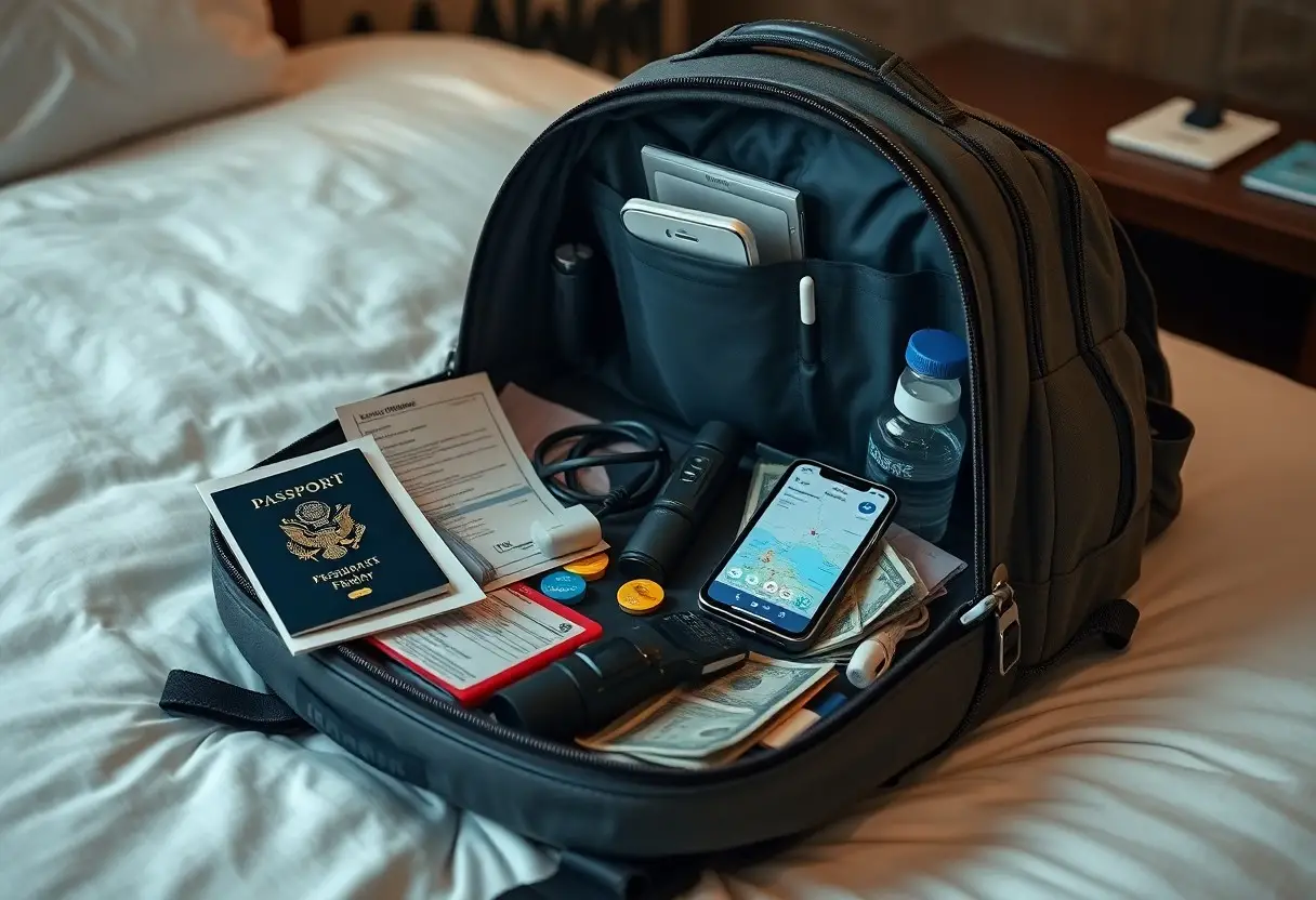 A travel backpack on a bed contains a passport, boarding passes, phone, money, charger, water bottle, and travel documents.