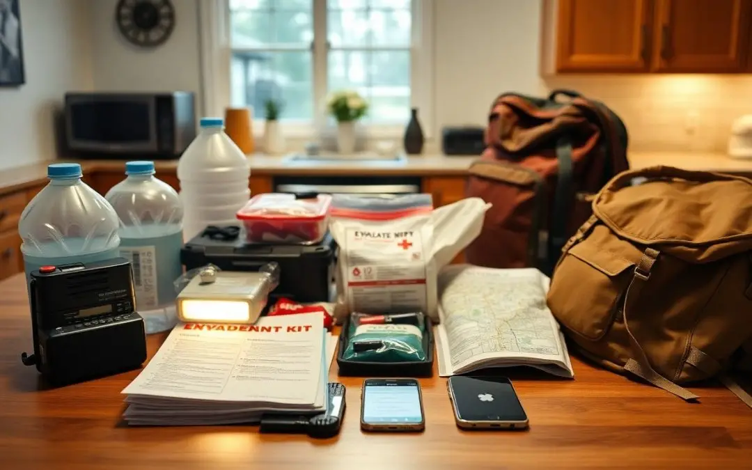 An assortment of emergency supplies, including water bottles, a radio, first aid kit, backpack, documents, phones, and a map, arranged on a kitchen counter.