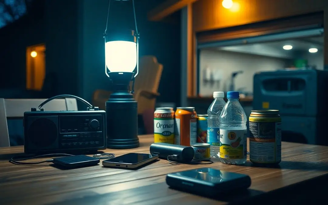 A lantern, radio, canned drinks, bottled water, canned food, and electronic devices are arranged on a wooden table outdoors at night.
