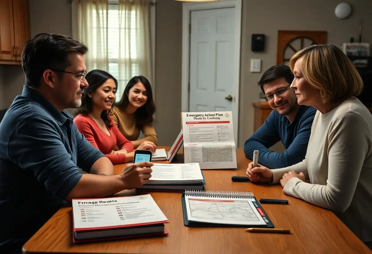 Five adults sit around a table with emergency action plan documents, maps, and notebooks, engaged in a discussion in a home setting.