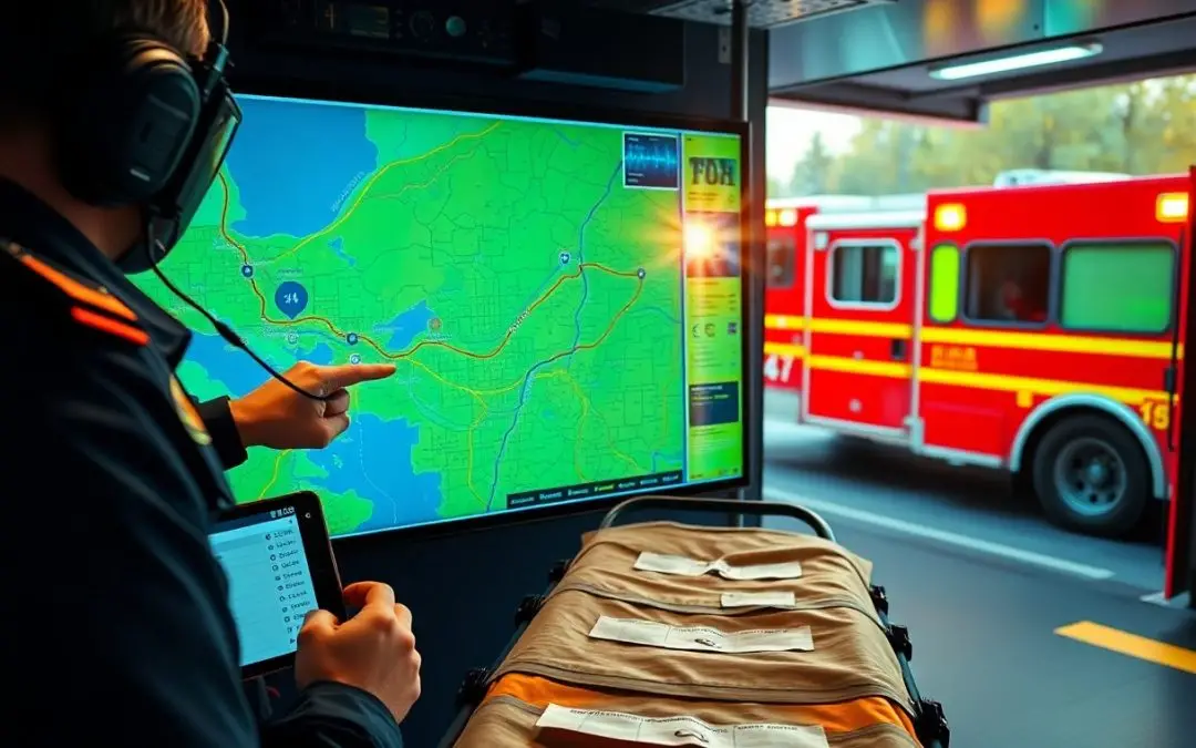 A person in a command center monitors a digital map and tablet, with ambulances and emergency vehicles visible outside through the window.