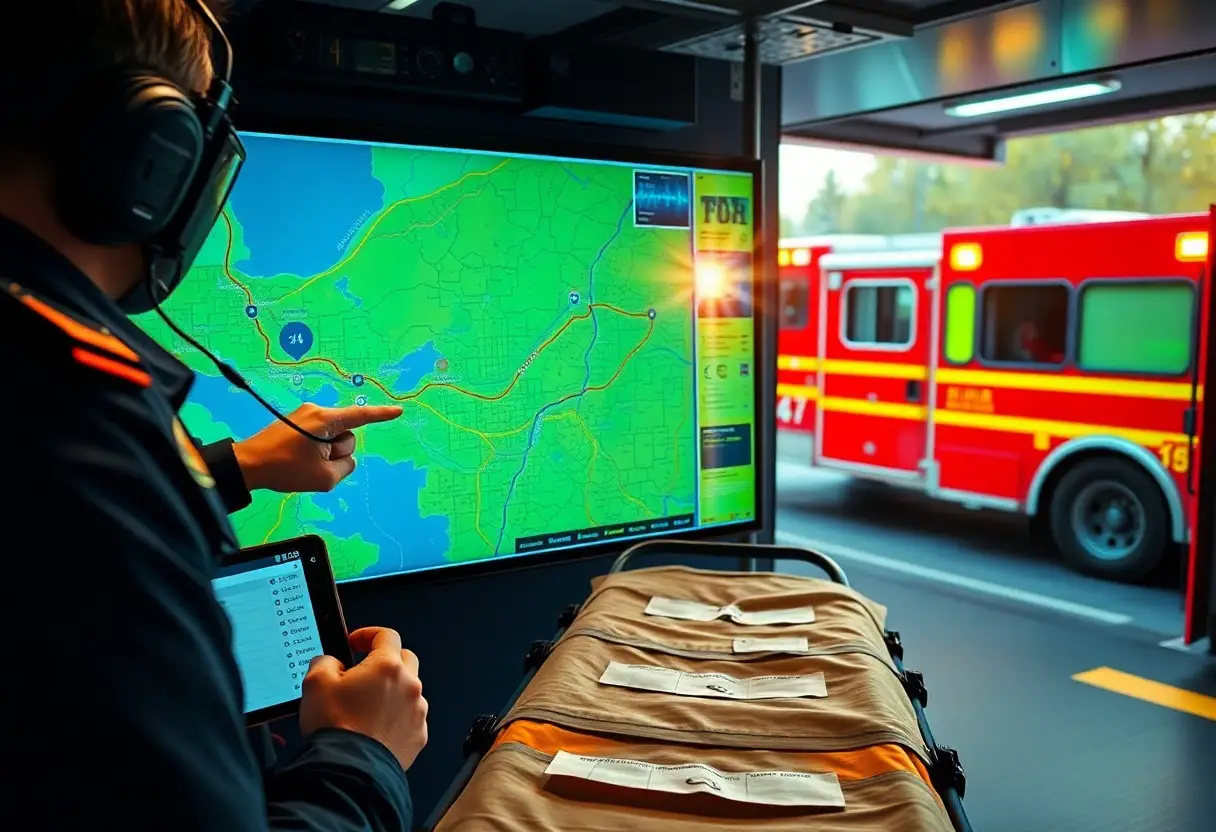 A person in a command center monitors a digital map and tablet, with ambulances and emergency vehicles visible outside through the window.