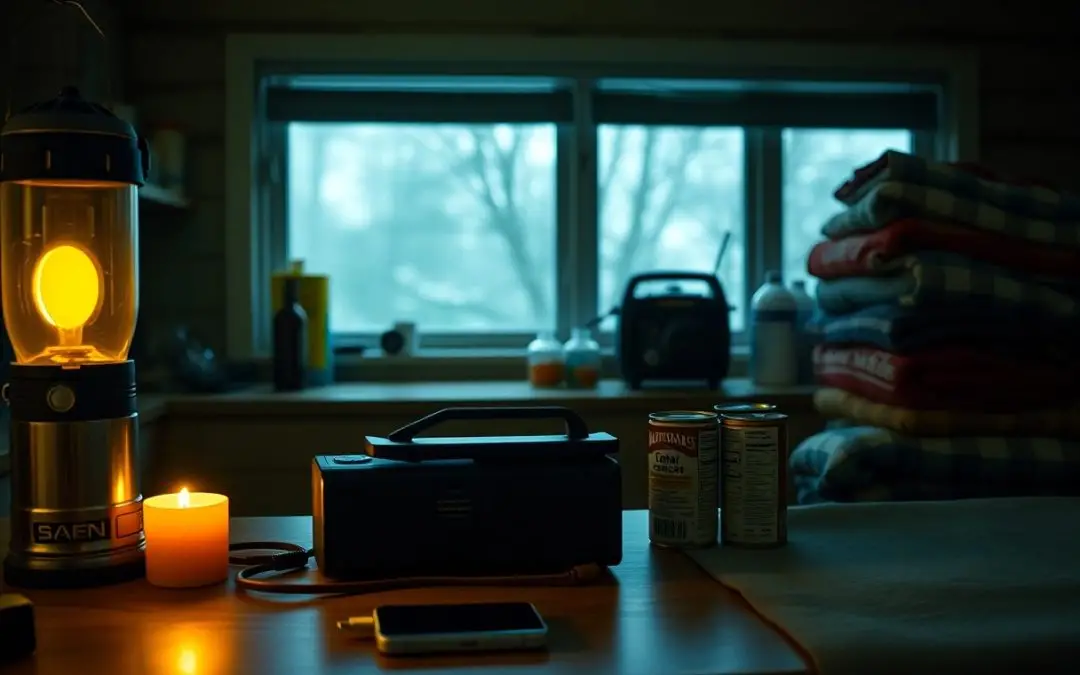 A lantern, candle, radio, canned food, and phone on a table with folded blankets in the background; outside, the window shows a blurred, wintry scene.