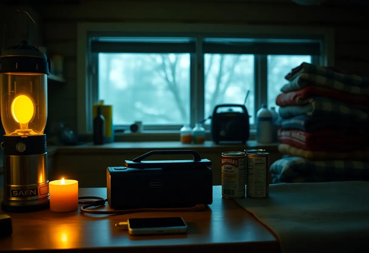 A lantern, candle, radio, canned food, and phone on a table with folded blankets in the background; outside, the window shows a blurred, wintry scene.