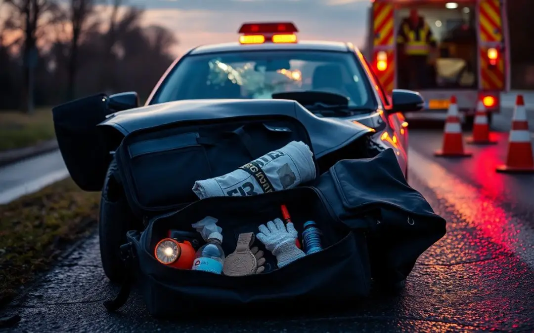 A car with a dented rear and an open trunk containing emergency supplies is parked on the roadside near traffic cones and an emergency vehicle at dusk.
