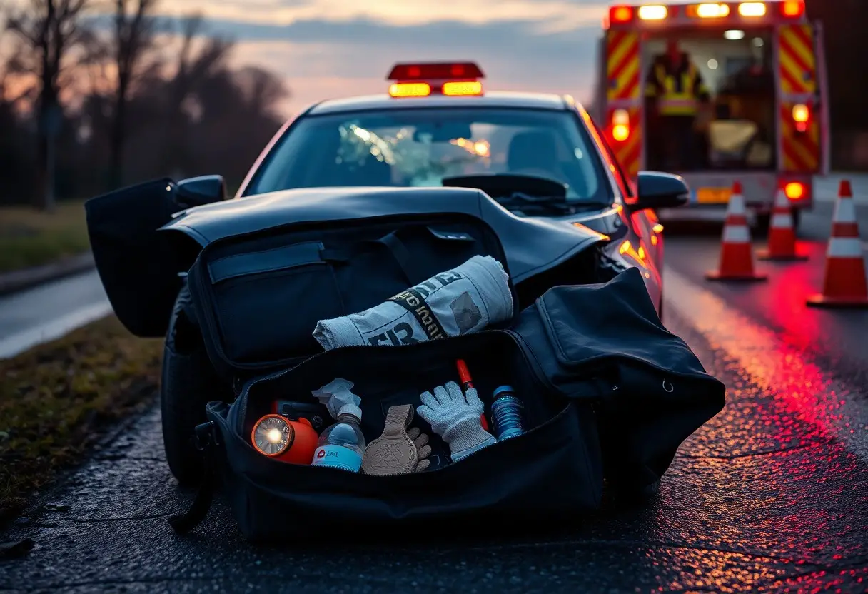 A car with a dented rear and an open trunk containing emergency supplies is parked on the roadside near traffic cones and an emergency vehicle at dusk.