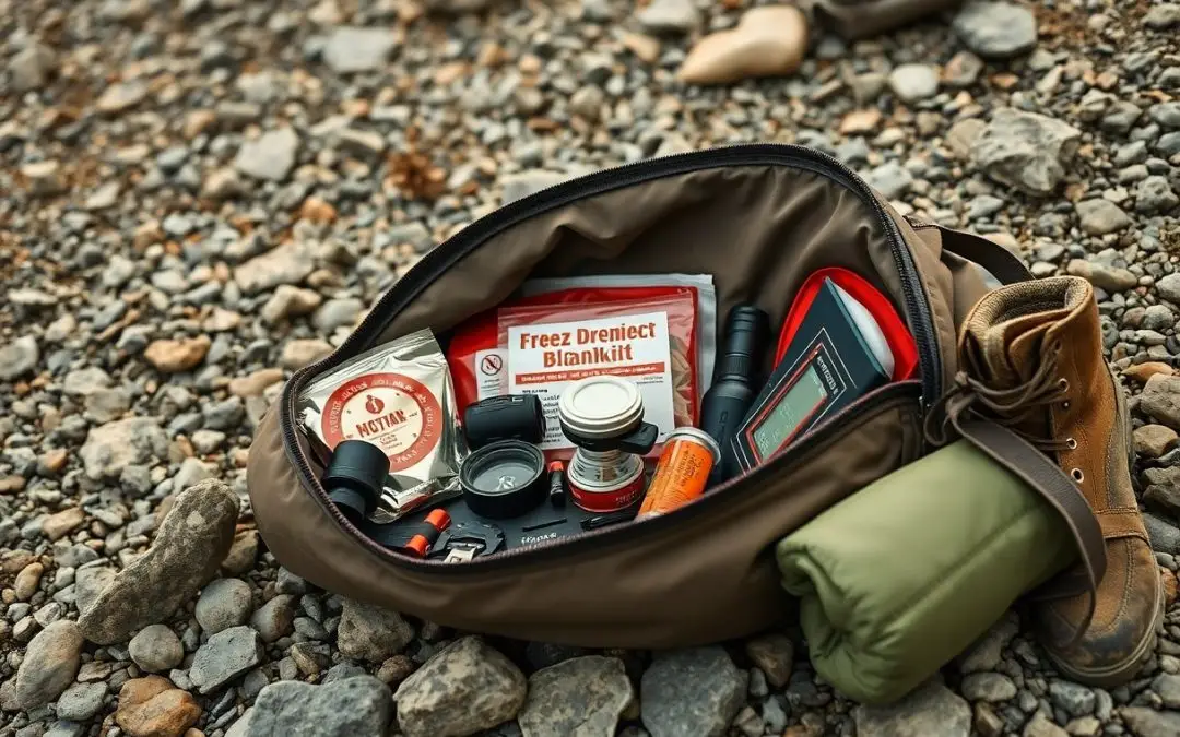 A backpack on rocky ground contains survival gear, including a blanket, flashlight, food packets, a metal cup, a boot, and a rolled-up sleeping mat.