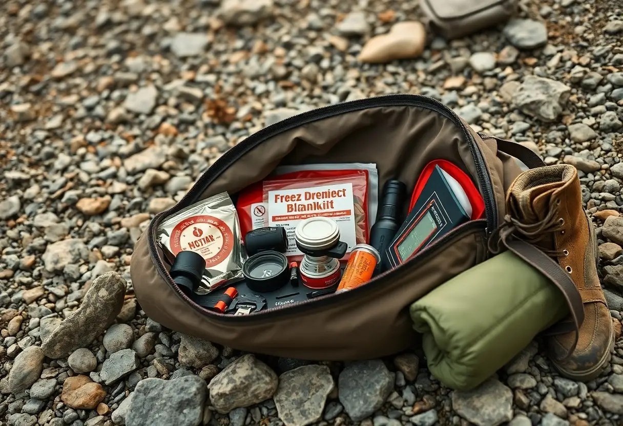 A backpack on rocky ground contains survival gear, including a blanket, flashlight, food packets, a metal cup, a boot, and a rolled-up sleeping mat.