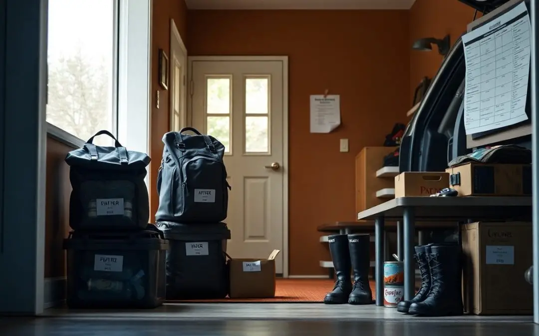 A mudroom with labeled storage bins, backpacks, boots, and boxes neatly arranged near a door. A wall chart and a note are posted on the brown walls.
