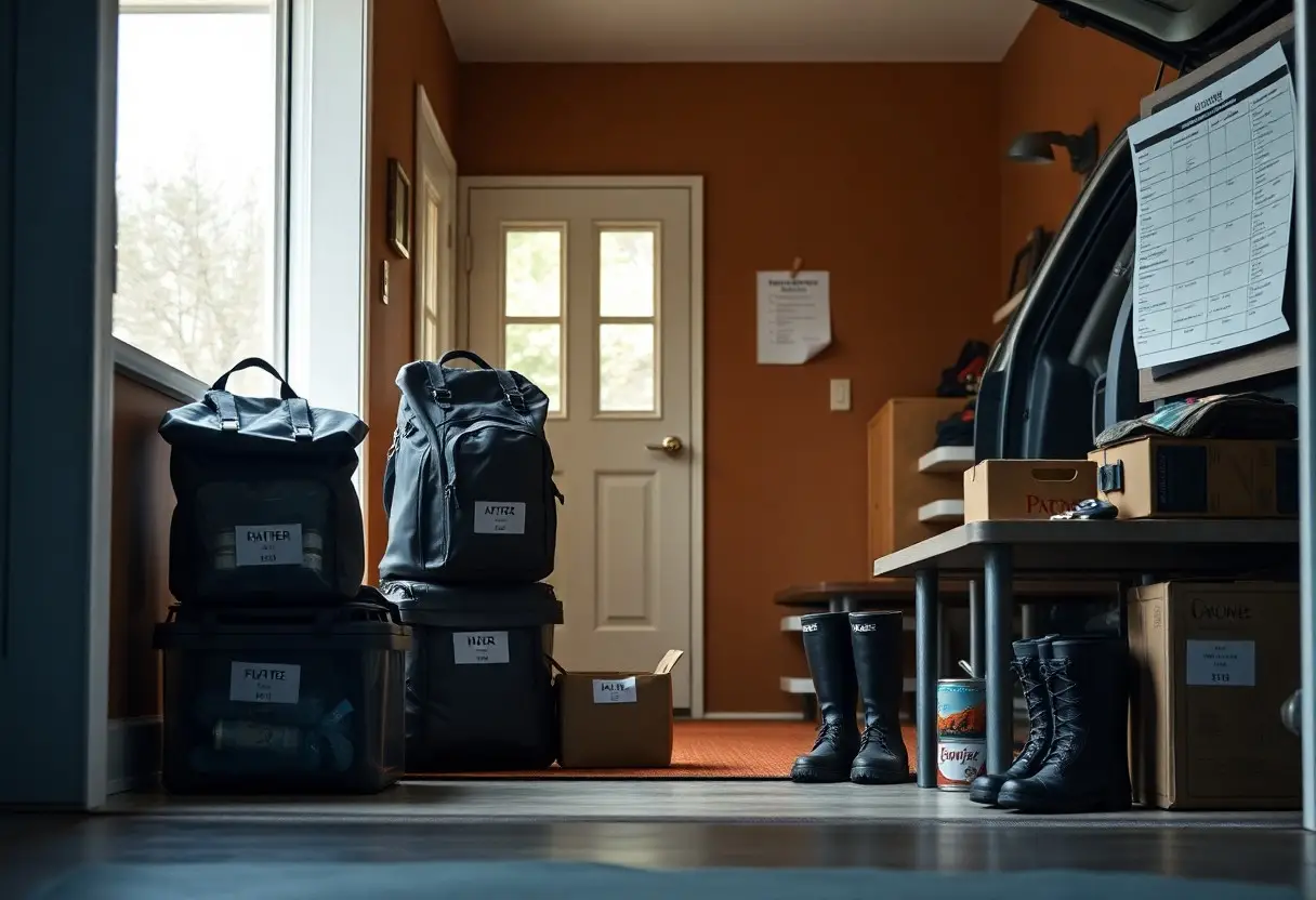 A mudroom with labeled storage bins, backpacks, boots, and boxes neatly arranged near a door. A wall chart and a note are posted on the brown walls.