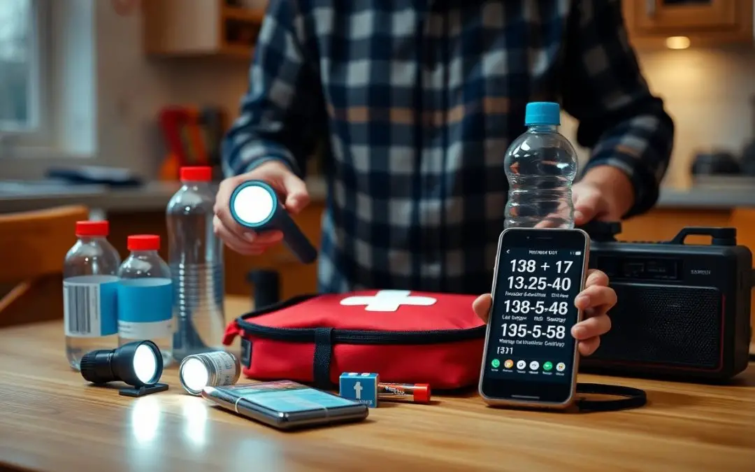 Person preparing emergency supplies on a table, including flashlights, water bottles, a first aid kit, a radio, a smartphone with emergency information, and batteries.