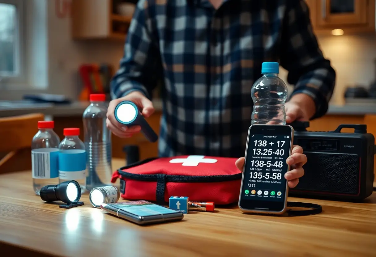 Person preparing emergency supplies on a table, including flashlights, water bottles, a first aid kit, a radio, a smartphone with emergency information, and batteries.