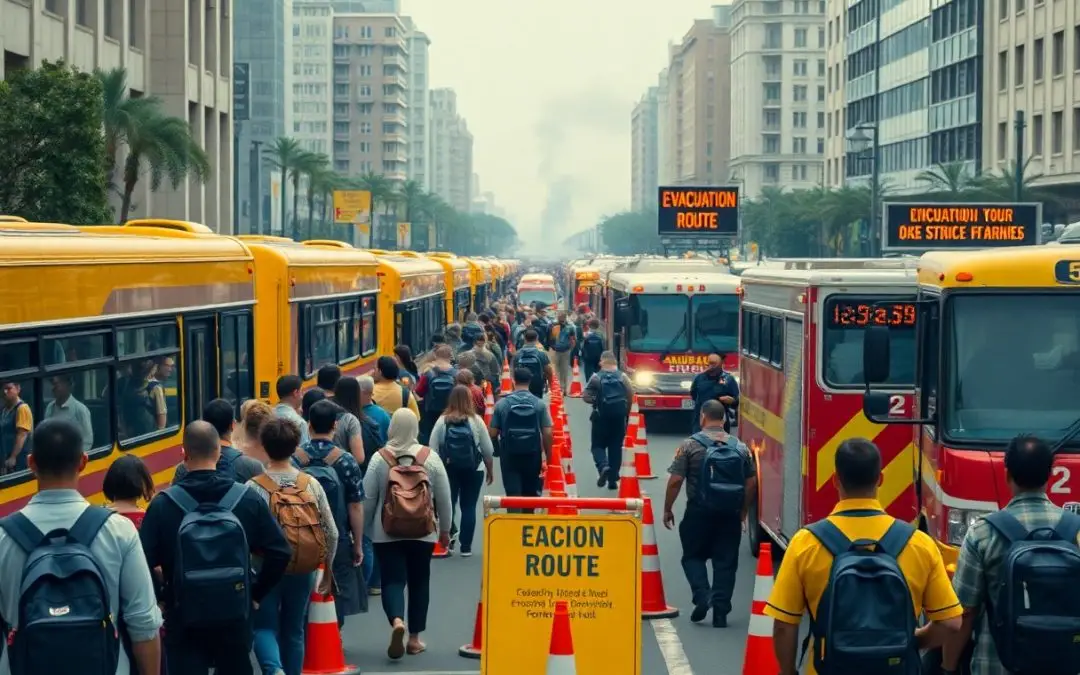 Crowds of people walk between parked buses on a city street lined with high-rise buildings, with evacuation route signs and traffic cones visible.