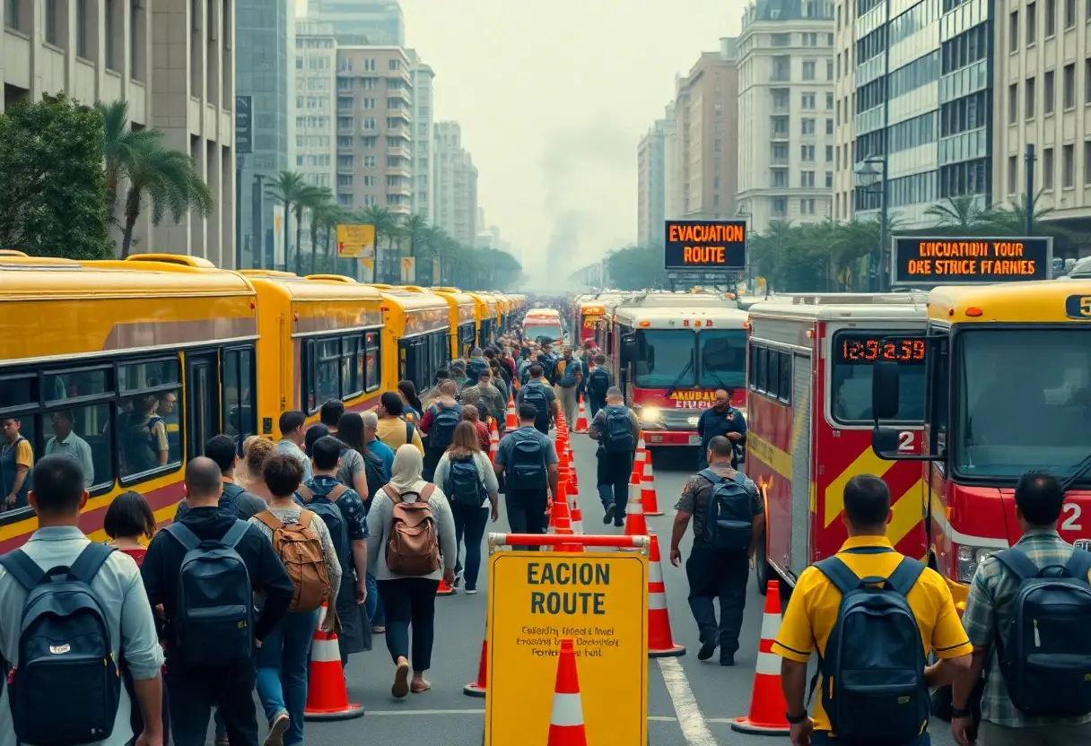 Crowds of people walk between parked buses on a city street lined with high-rise buildings, with evacuation route signs and traffic cones visible.