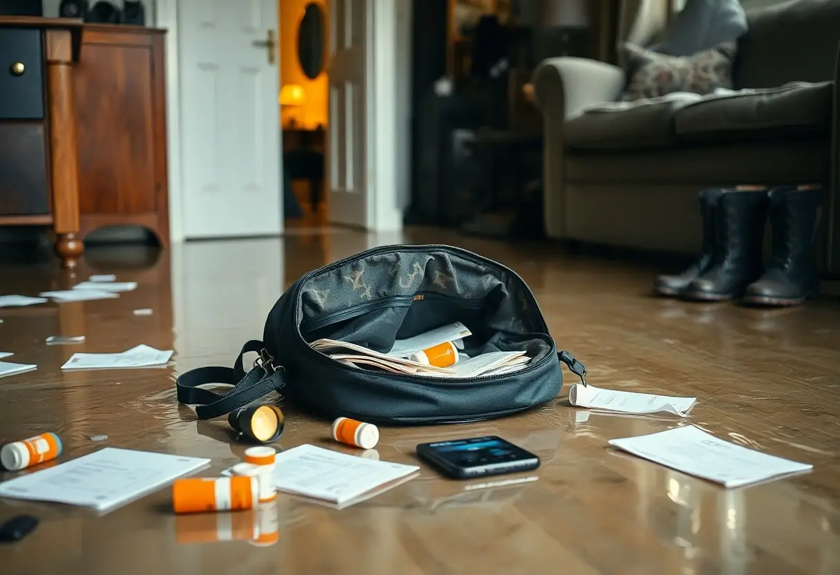 An open bag on a wooden floor with scattered prescription bottles, papers, and a smartphone nearby in a living room.