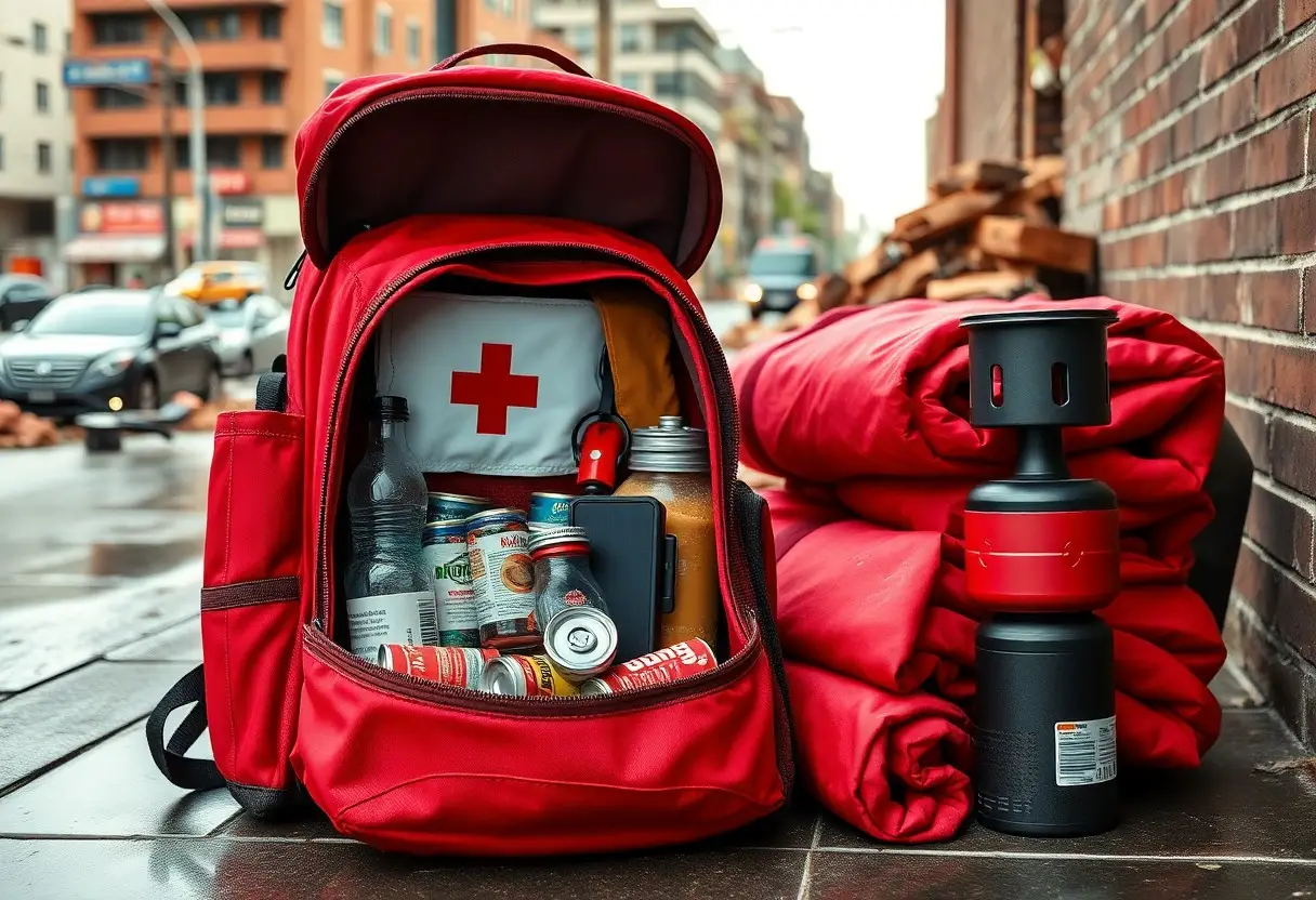 A red emergency backpack with medical supplies, canned food, and water sits on a sidewalk next to sleeping bags and a gas canister in an urban setting.