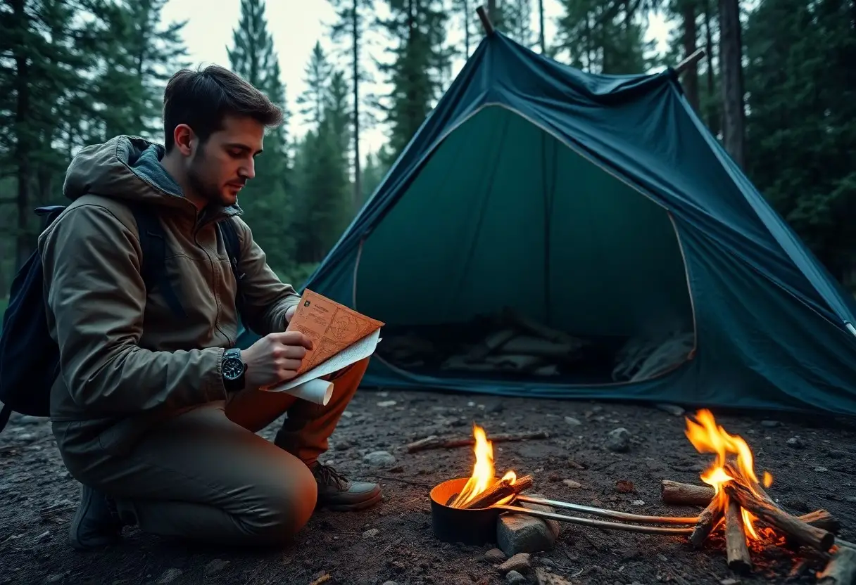 A person kneels near a campfire, looking at a map, with a blue tent set up behind them in a forested area.